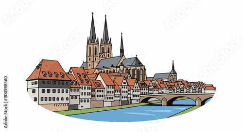 Stylized drawing of an old European city skyline with a prominent cathedral