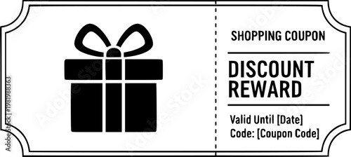 Shopping coupon and commercial discount reward ticket certificate present symbol featuring a simple black silhouette gift voucher icon – Black and White Vector Illustration