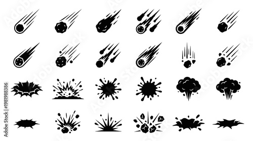Black and White Icons of Meteors, Asteroids, and Explosions