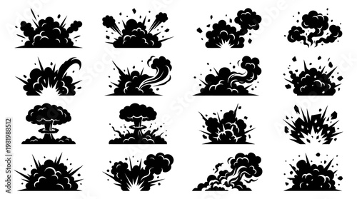 Black Explosion Icons Set, Smoke and Debris Graphic Elements