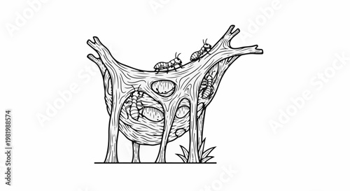 Stylized drawing of a termite mound with insects on and inside the structure