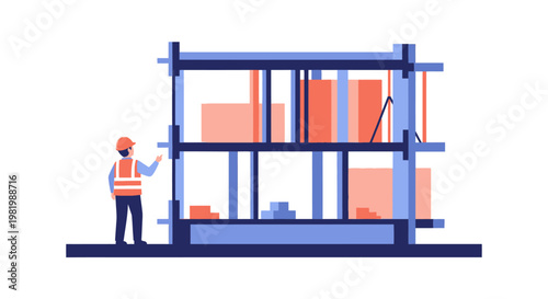 Architect inspects building construction site with blue and orange geometric design