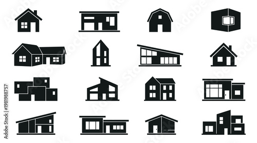 Real Estate Home Architecture Glyph Icons Set. Black Vector House Building Silhouettes Collection.