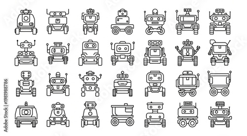 Collection of various robot designs in a line art style, perfect for tech projects.