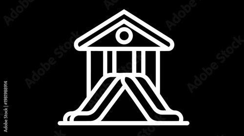 White outline icon of a playground slide structure on a black background. Kids play area equipment for recreation and leisure.