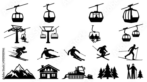 Ski Resort Winter Sports Vector Icon Set: Skier, Gondola, Lodge Silhouette Glyphs