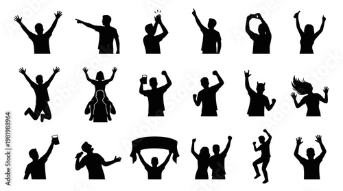 Dynamic Cheering Sports Fans  People Silhouettes Vector Set for Celebration