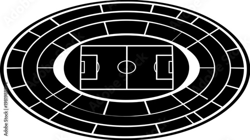 Generic aerial top view of an oval sports stadium with a football soccer field and seating. Black and white vector graphic illustration.