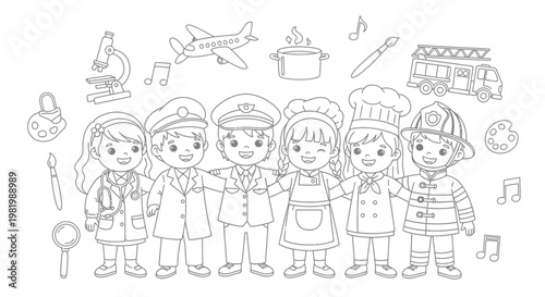 Diverse Kids Professions Line Art: Doctor, Pilot, Chef, Firefighter, Artist