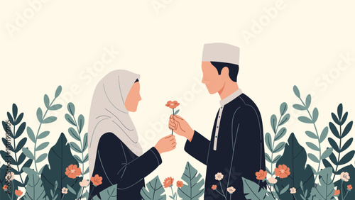 Gentle illustration of a Muslim man and woman in traditional attire exchanging a flower in a lush green floral garden.