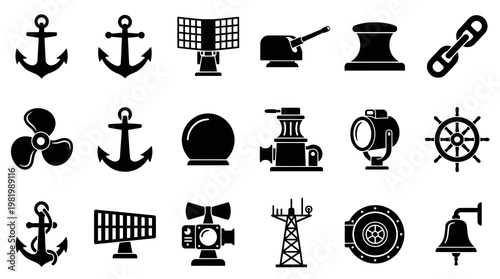 Nautical Icons: Anchors, Ship's Wheel, Radar, Bell, Winch, Gun, Chain, Propeller