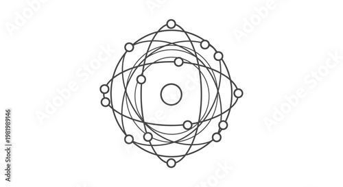 Abstract illustration of atomic structure with orbiting particles on white backdrop