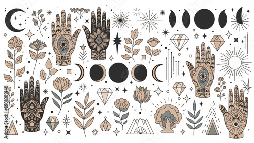 Extensive collection of esoteric and mystical line art icons including hands, moon phases, crystals, plants, and celestial bodies.