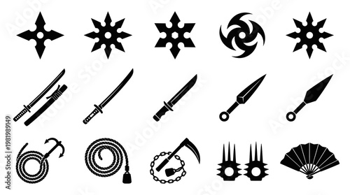Black Ninja Weapons and Tools Icons Set Glyph