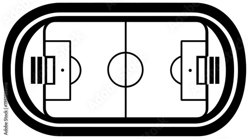Minimalist black and white aerial view stadium icon with soccer field and running track outline illustration