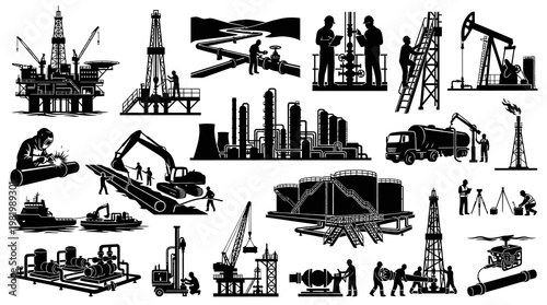 Oil and Gas Industry Black  White Silhouette Icons Set: Petroleum Production  Workers