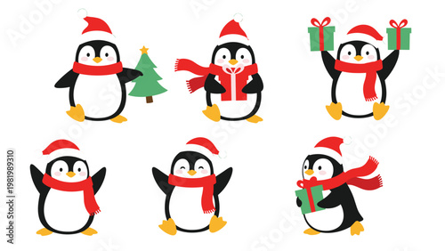 Adorable collection of six cartoon penguins wearing red Santa hats and scarves while celebrating with gifts and a Christmas tree.