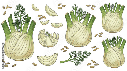 Detailed botanical illustration of fresh fennel bulbs, whole and sliced, with green feathery leaves and aromatic fennel seeds.