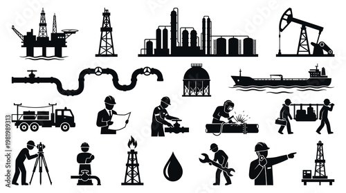 Oil and Gas Industry Icons: Petroleum Production, Energy Workers, and Equipment Glyphs