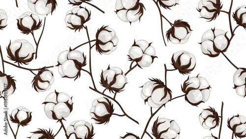 Elegant and natural seamless pattern showcasing fluffy white cotton pods on brown branches across a clean white background.