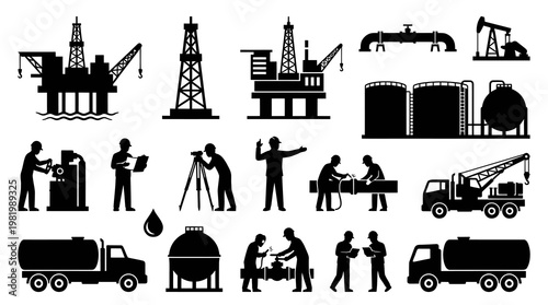 Oil and Gas Industry Black  White Glyph Icons: Petroleum Production, Transportation  Workers