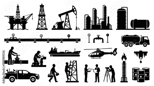 Oil and Gas Industry Black Silhouette Icons Set. Petroleum Extraction, Energy  Transportation