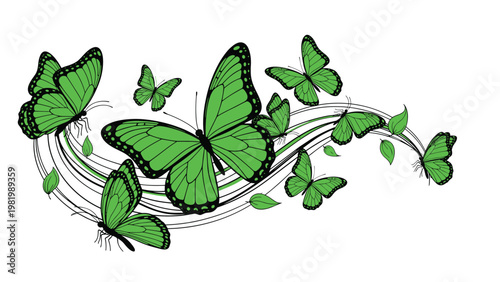 Dynamic and graceful illustration of several bright green butterflies fluttering along elegant black swirling lines and green leaves.