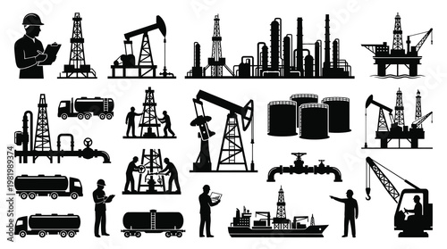 Oil and Gas Industry Exploration, Production, Refining, Transport Silhouette Icons