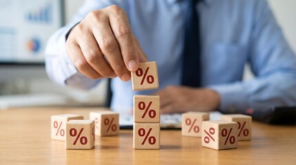 Businessman stacking wooden blocks with percentage signs on a desk