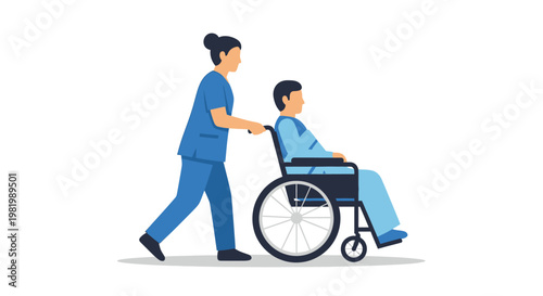 Nurse assisting patient in wheelchair flat illustration on white background