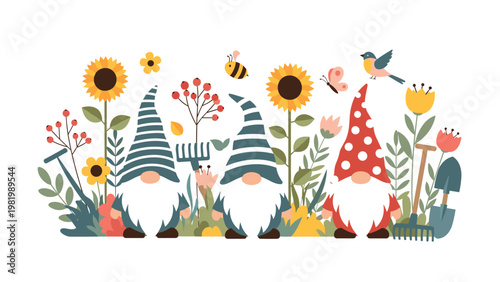 Garden gnomes standing among sunflowers, red berries, and flowers with a little bird, bees, and butterflies in a sunny outdoor scene.