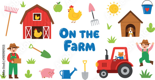 Charming Countryside Farm Vector Set Featuring Red Barn, Tractor, Livestock, and Gardening Characters for Children's Educational Design and Rural Life Branding