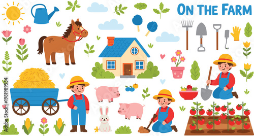 Charming Farm and Countryside Vector Set Featuring Red Barn, Tractors, Farm Animals, and Rural Landscape Elements for Children's Educational Design and Country Life Branding