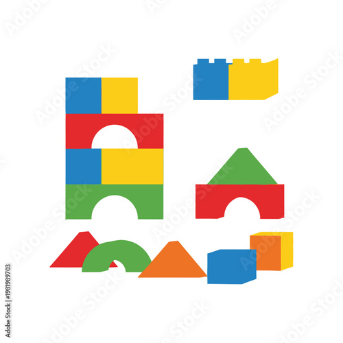Colorful geometric shapes and building blocks on a white background