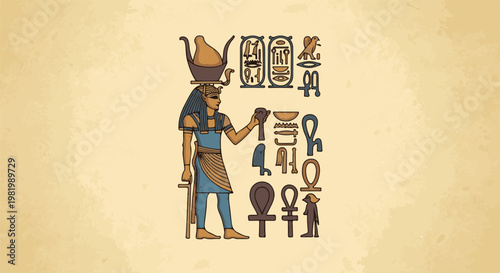 Stylized Egyptian deity figure with headdress and hieroglyphic symbols