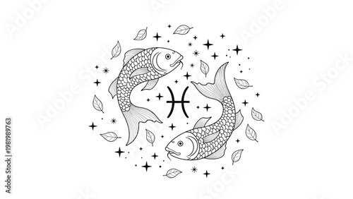 Pisces zodiac sign illustration with two detailed fish swimming in a circle surrounded by leaves, stars, and the astrological symbol.