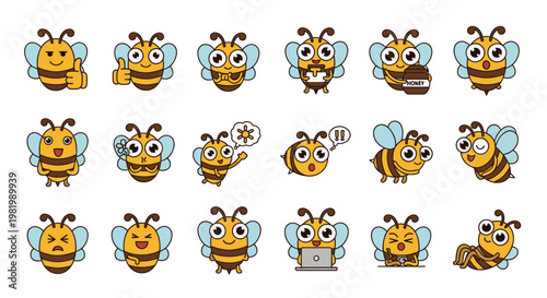 A collection of cute cartoon bee emojis and stickers displaying various emotions and activities on a white background, perfect for digital communication.