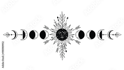 Symmetrical illustration of a sun face with moon phases, arrows, and leafy branches extending outward on a white background.