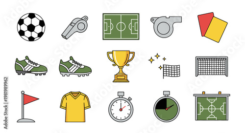A collection of colorful flat design icons representing various elements and equipment used in the sport of soccer, including balls, fields, trophies, and referee tools.
