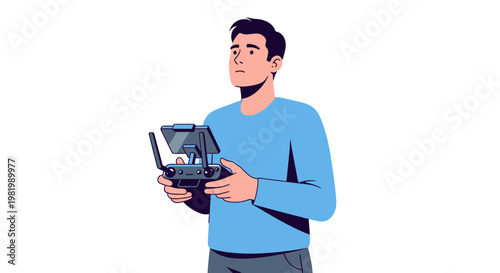 Man operating a drone with a remote controller on a white background