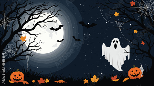 Spooky Halloween night scene with a white ghost, carved pumpkins, bats flying in the full moon, and dark trees with spider webs.