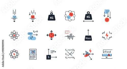 Collection of physics and science icons illustrating concepts like gravity, mass, energy, atoms, and mathematical formulas on a white background.