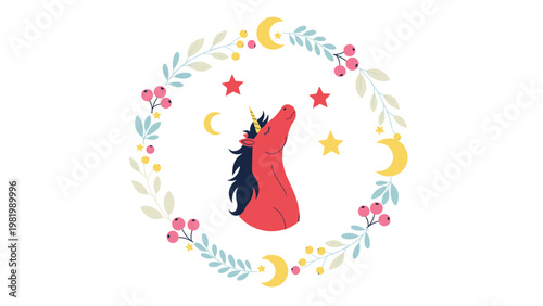 Red unicorn head character with a dark mane looking up at stars inside a floral wreath with crescent moons and red berries.