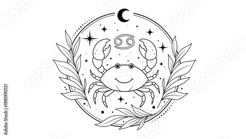 Cancer zodiac sign illustration featuring a friendly crab inside a circle of leaves, stars, and the astrological symbol at the top.