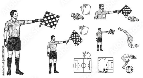 Hand-drawn illustrations of soccer referees with flags, whistles, cards, and players on a football field, depicting various game elements.