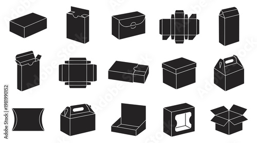 Packaging Industry Box Designs: Black and White Glyph Icons Set of Carton Templates