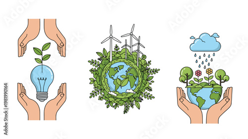 Three ecology concepts including hands protecting a plant bulb, wind turbines around the earth, and rain falling on the planet.