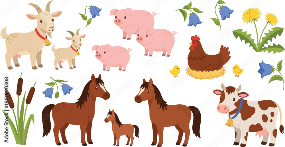 Naklejka premium Farm Animal Family Vector Set Featuring Horses Cows Pigs Goats and Hen with Chicks and Spring Flowers for Children Nursery and Agricultural Educational Graphic Designs