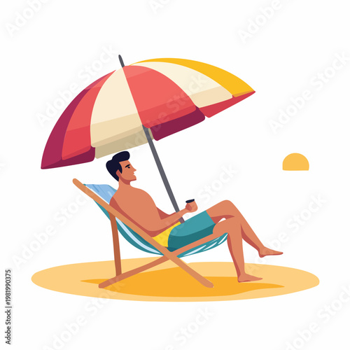 Beach vacation, summer relaxation, man under umbrella, beach chair, sunny getaway