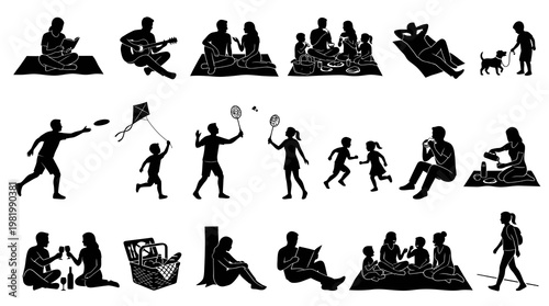 Outdoor Leisure and Family Recreation Black Silhouettes Vector Icons Collection